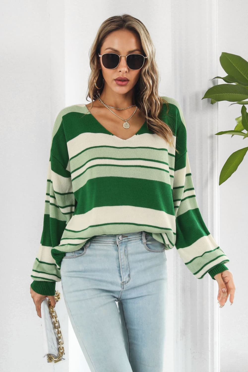 Striped V-Neck Dropped Shoulder Sweater Print on any thing USA/STOD clothes