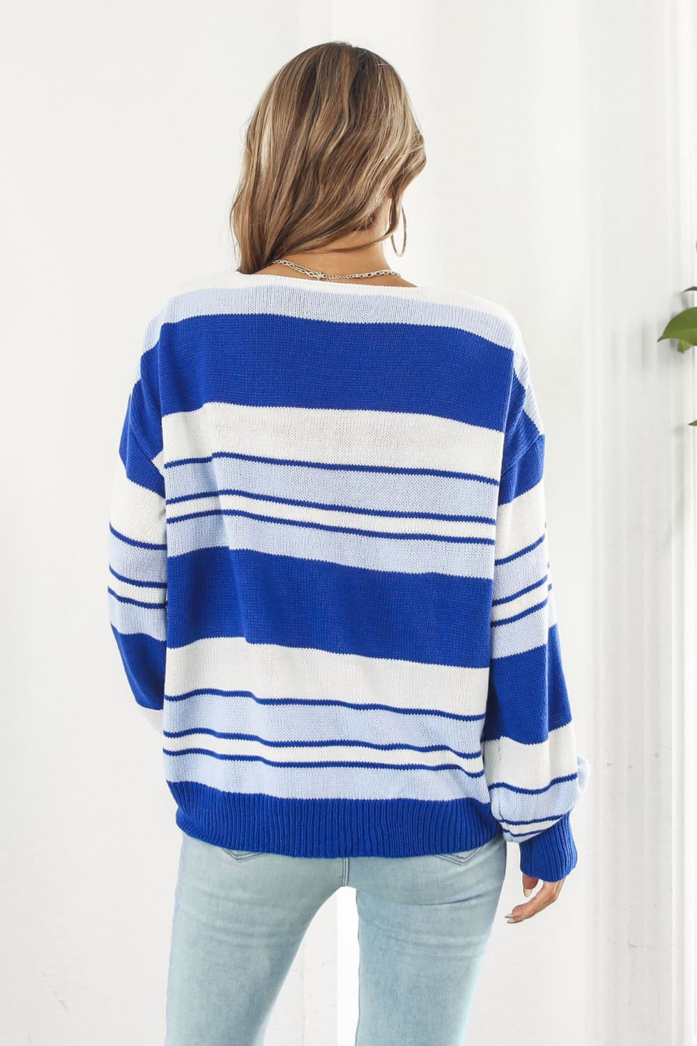 Striped V-Neck Dropped Shoulder Sweater Print on any thing USA/STOD clothes