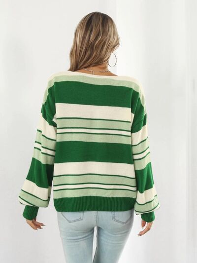 Striped V-Neck Dropped Shoulder Sweater Print on any thing USA/STOD clothes