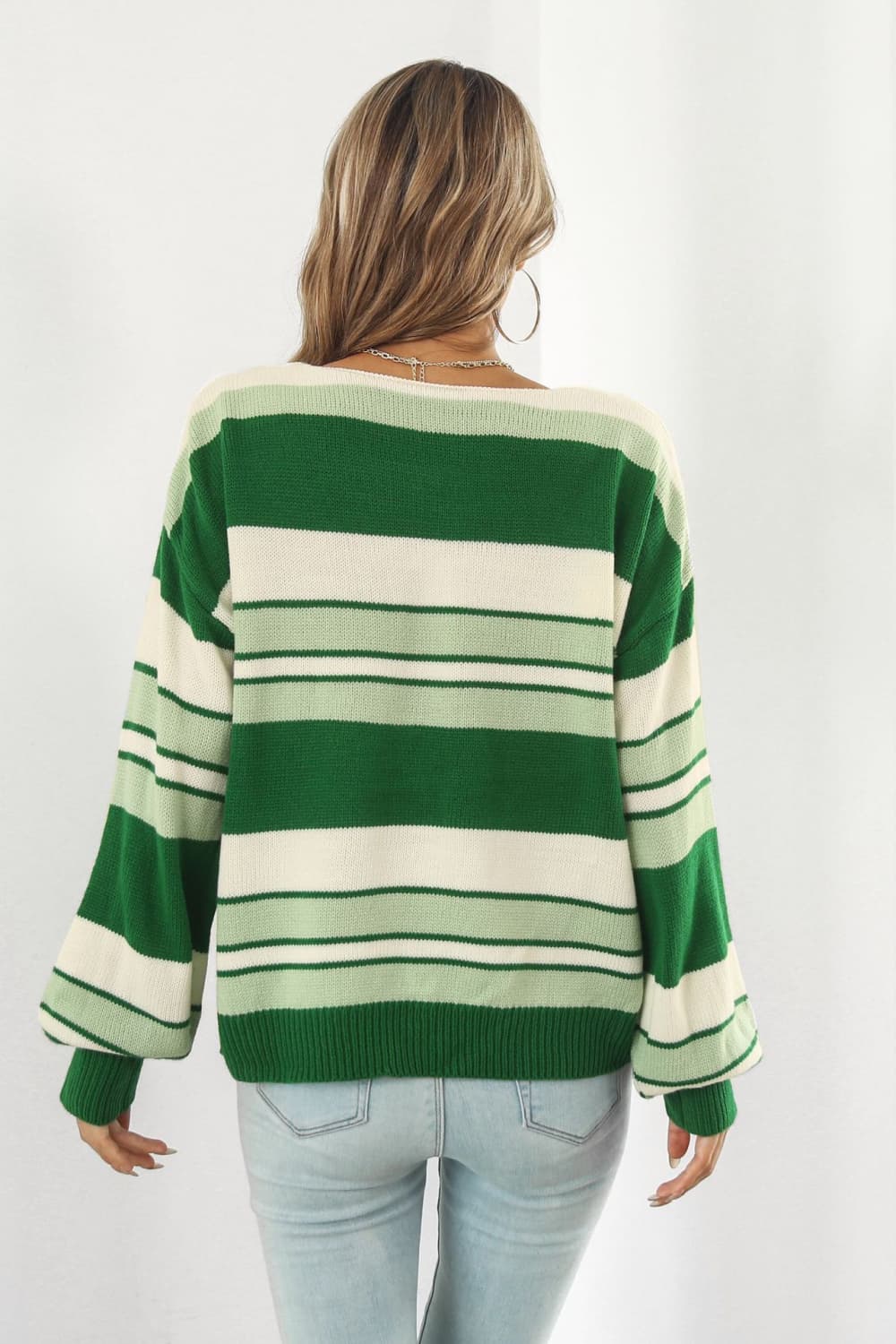 Striped V-Neck Dropped Shoulder Sweater Print on any thing USA/STOD clothes