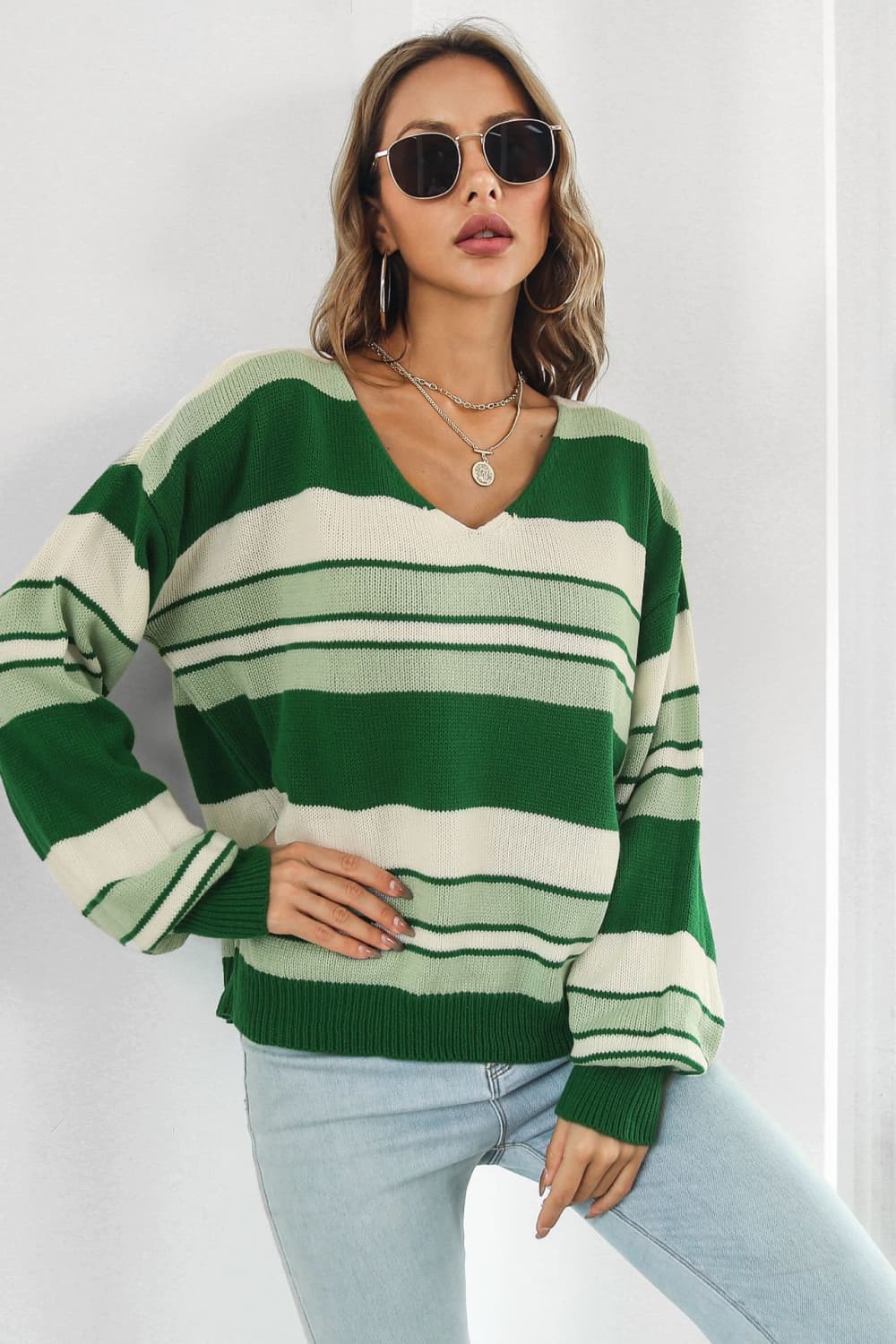 Striped V-Neck Dropped Shoulder Sweater Print on any thing USA/STOD clothes