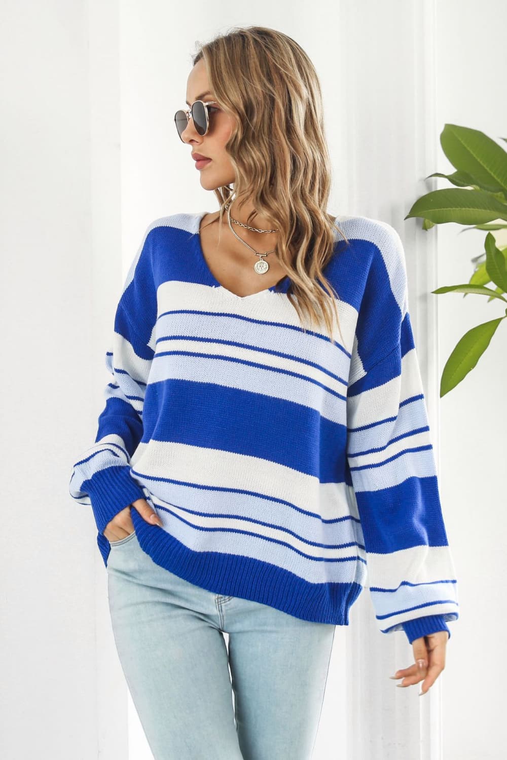 Striped V-Neck Dropped Shoulder Sweater Print on any thing USA/STOD clothes