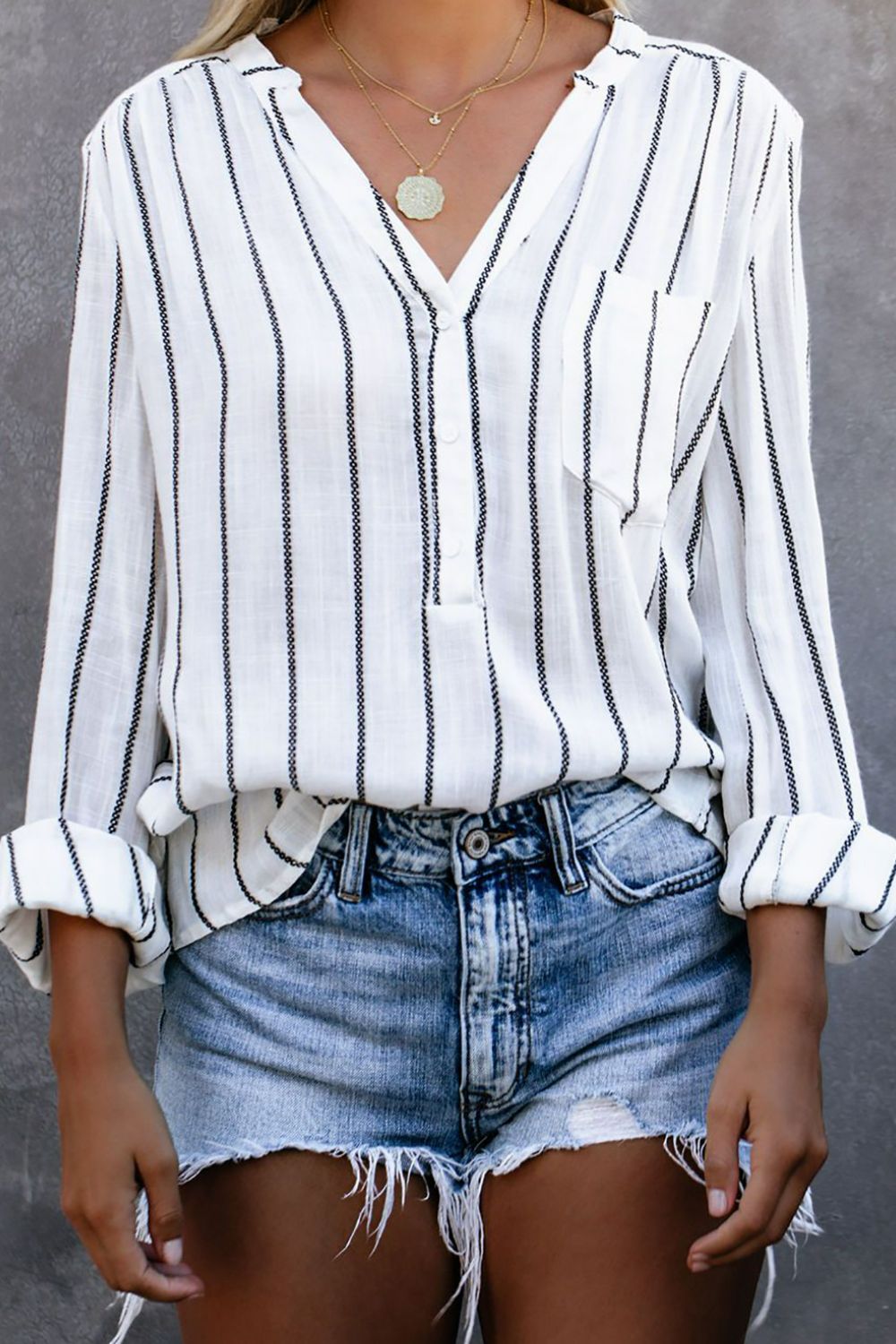 Striped V-Neck High-Low Shirt with Breast Pocket Print on any thing USA/STOD clothes