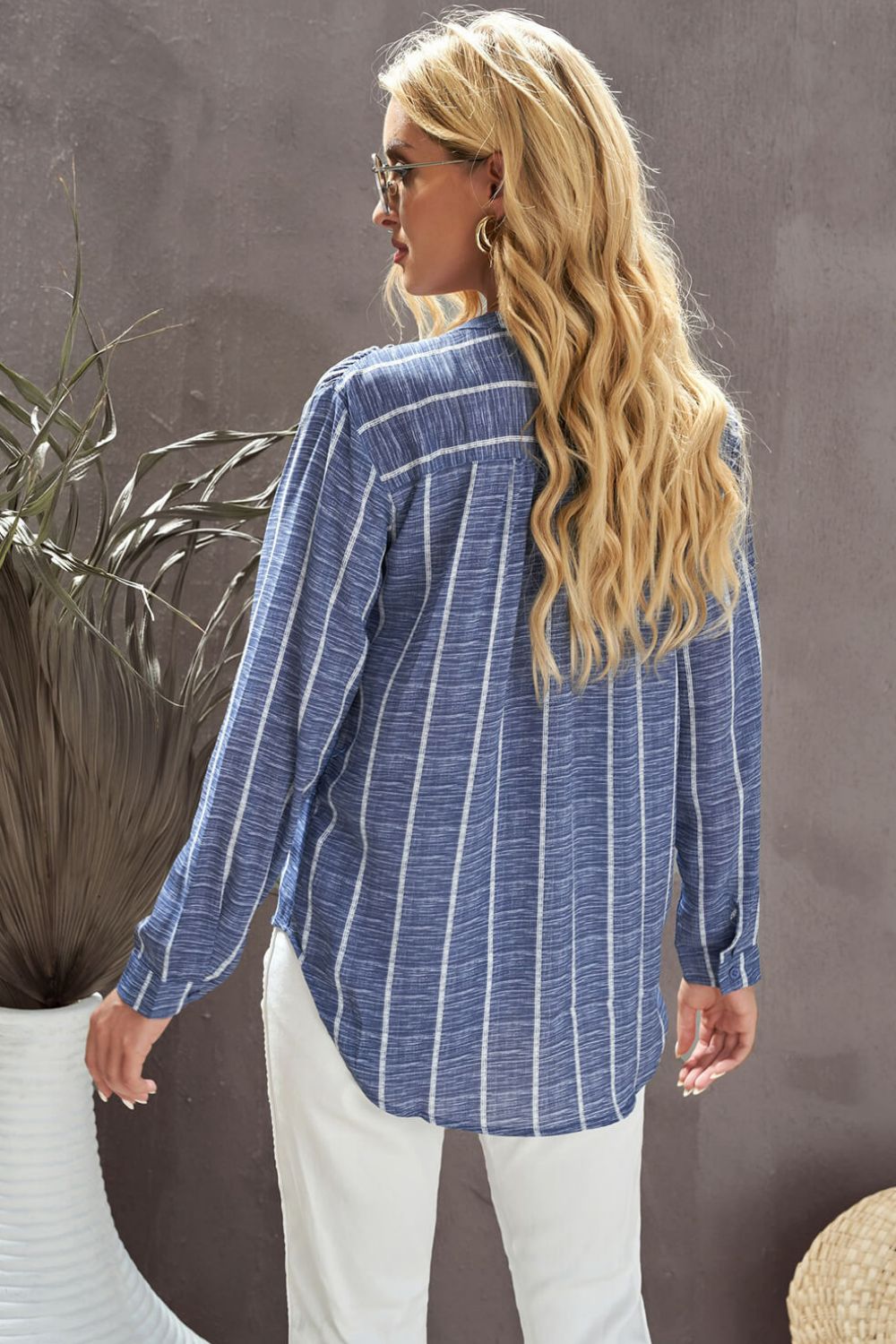 Striped V-Neck High-Low Shirt with Breast Pocket Print on any thing USA/STOD clothes