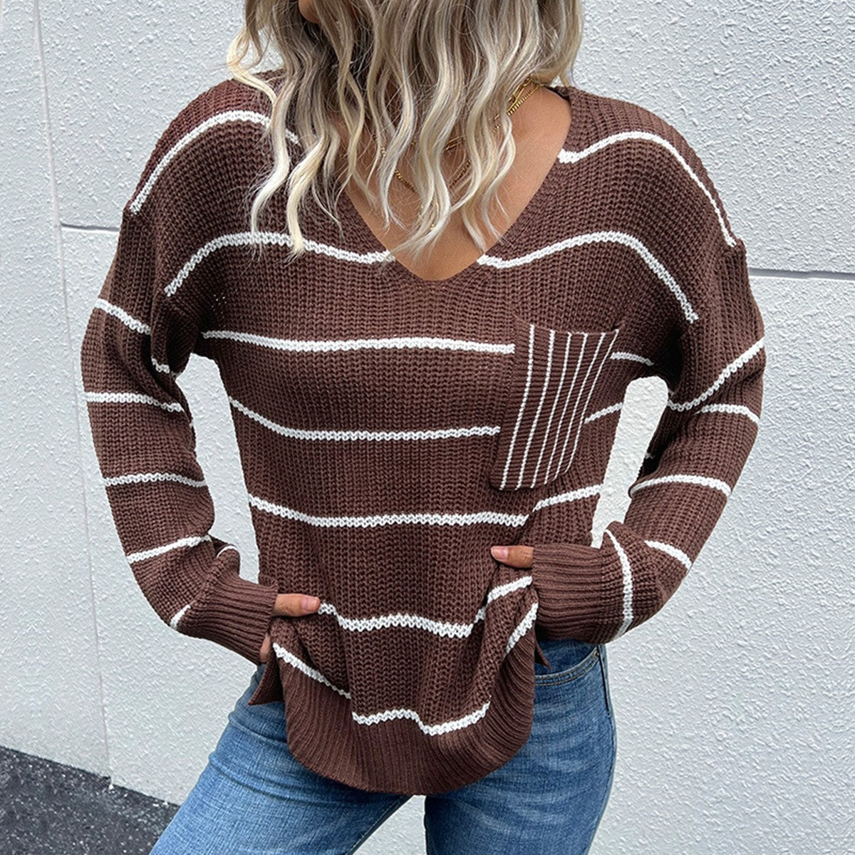 Striped V-Neck Slit Dropped Shoulder Sweater Print on any thing USA/STOD clothes