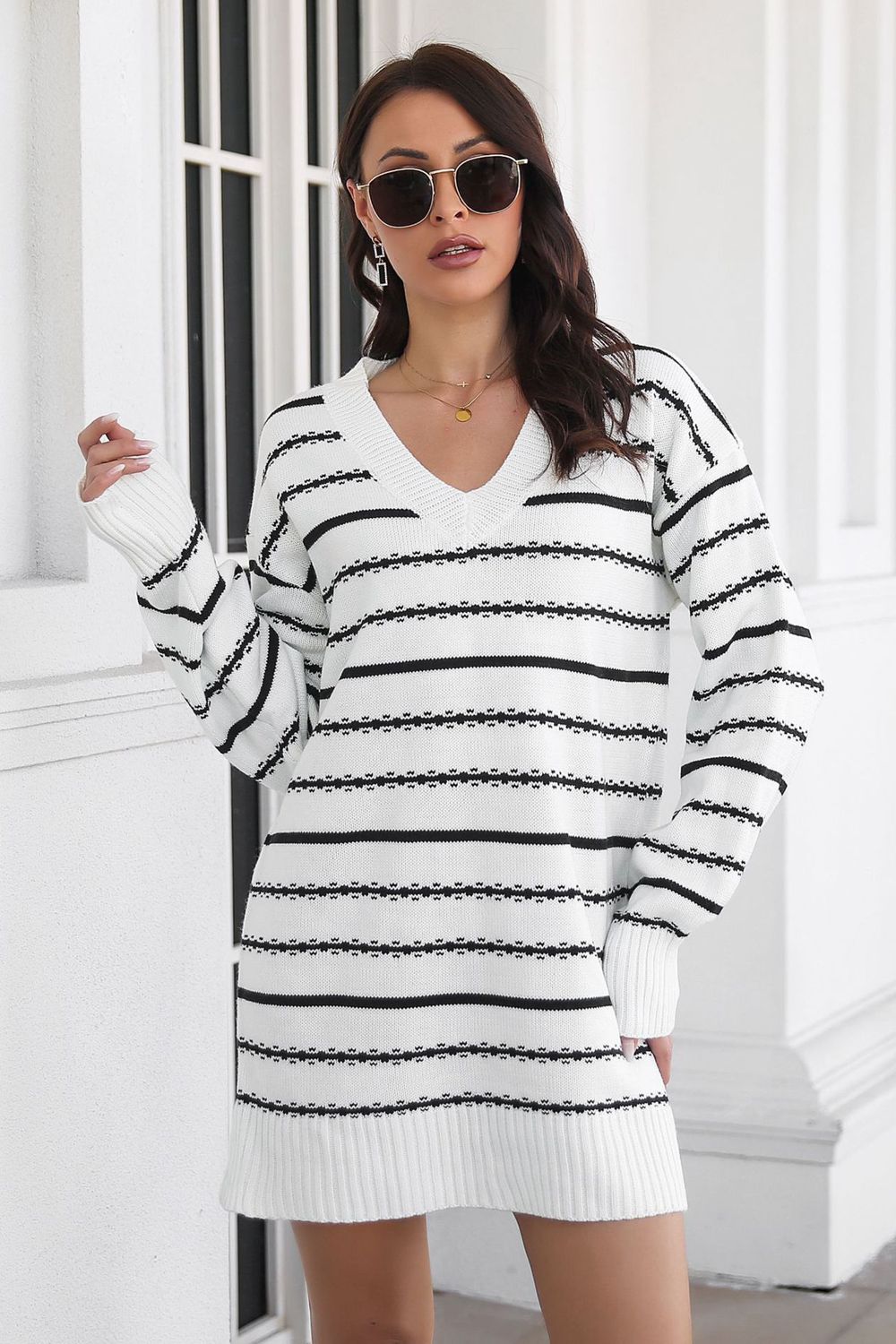 Striped V-Neck Sweater Dress Print on any thing USA/STOD clothes