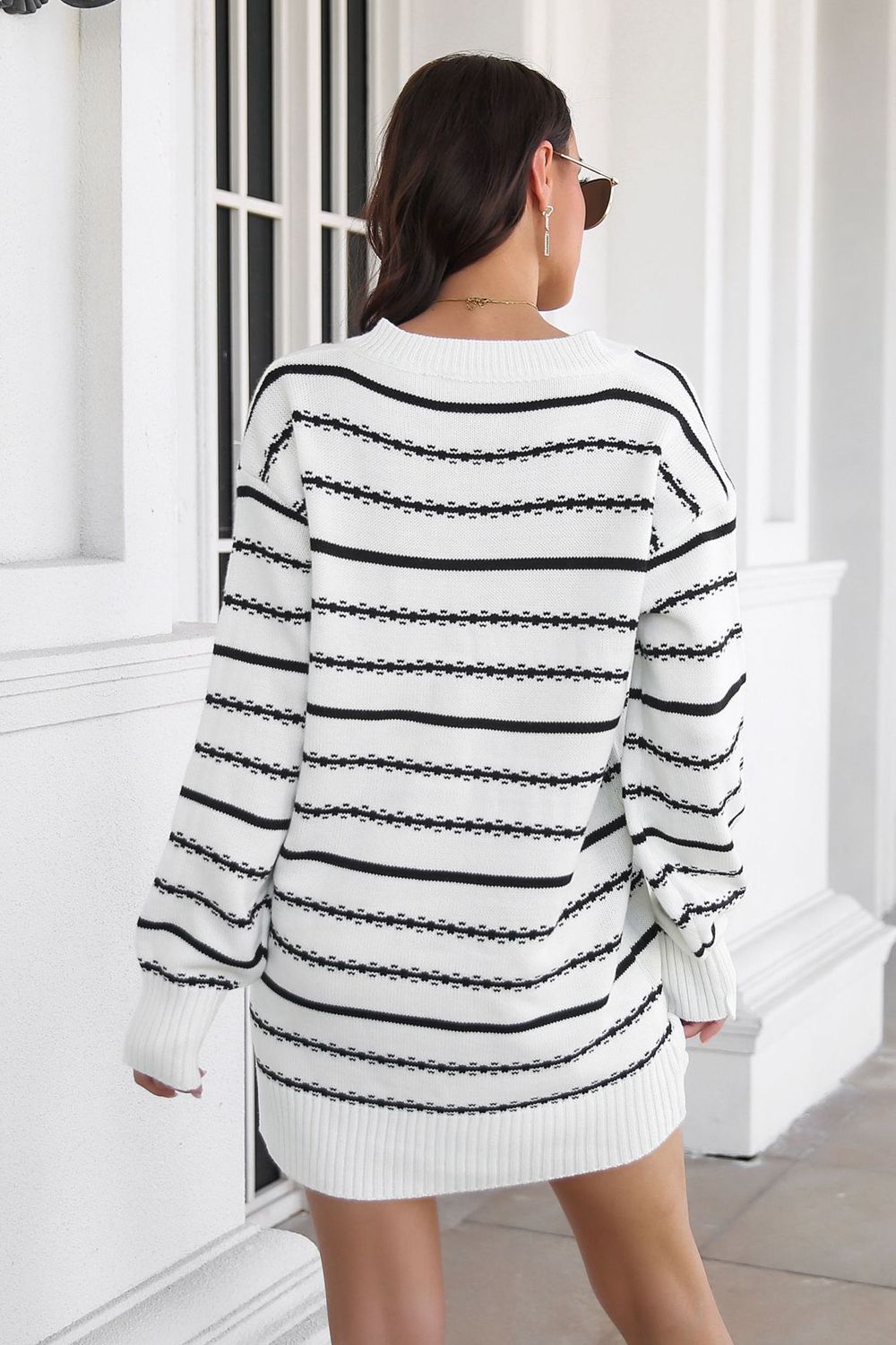 Striped V-Neck Sweater Dress Print on any thing USA/STOD clothes
