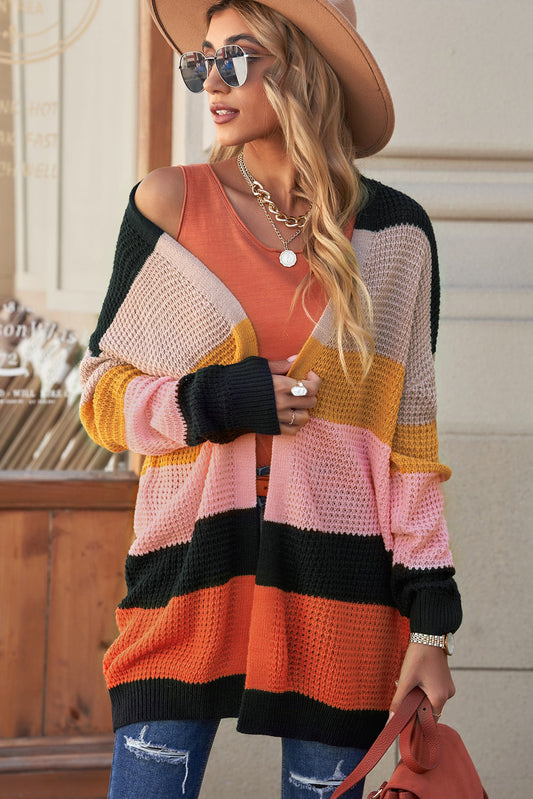 Striped Waffle Knit Open Front Cardigan Print on any thing USA/STOD clothes