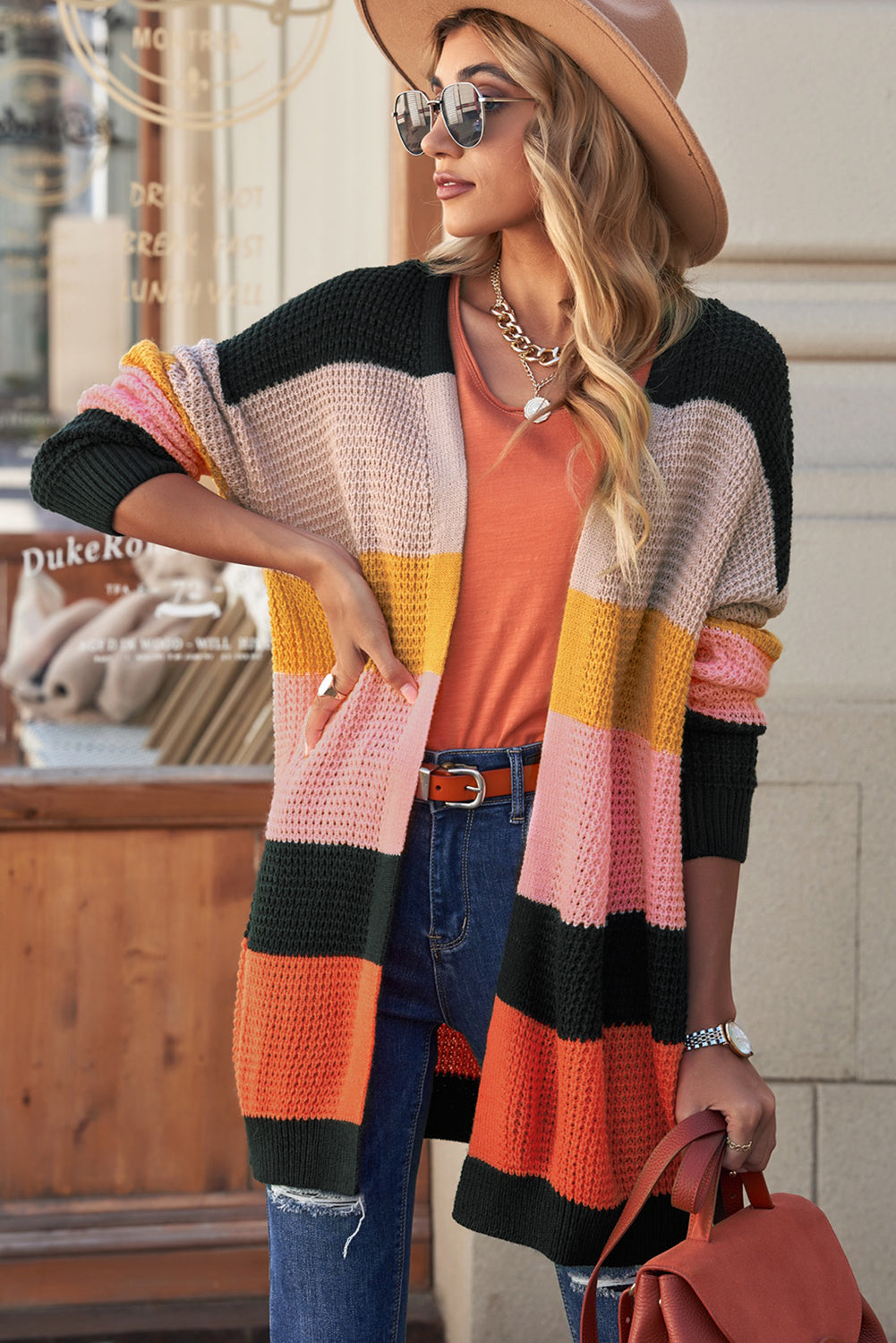 Striped Waffle Knit Open Front Cardigan Print on any thing USA/STOD clothes