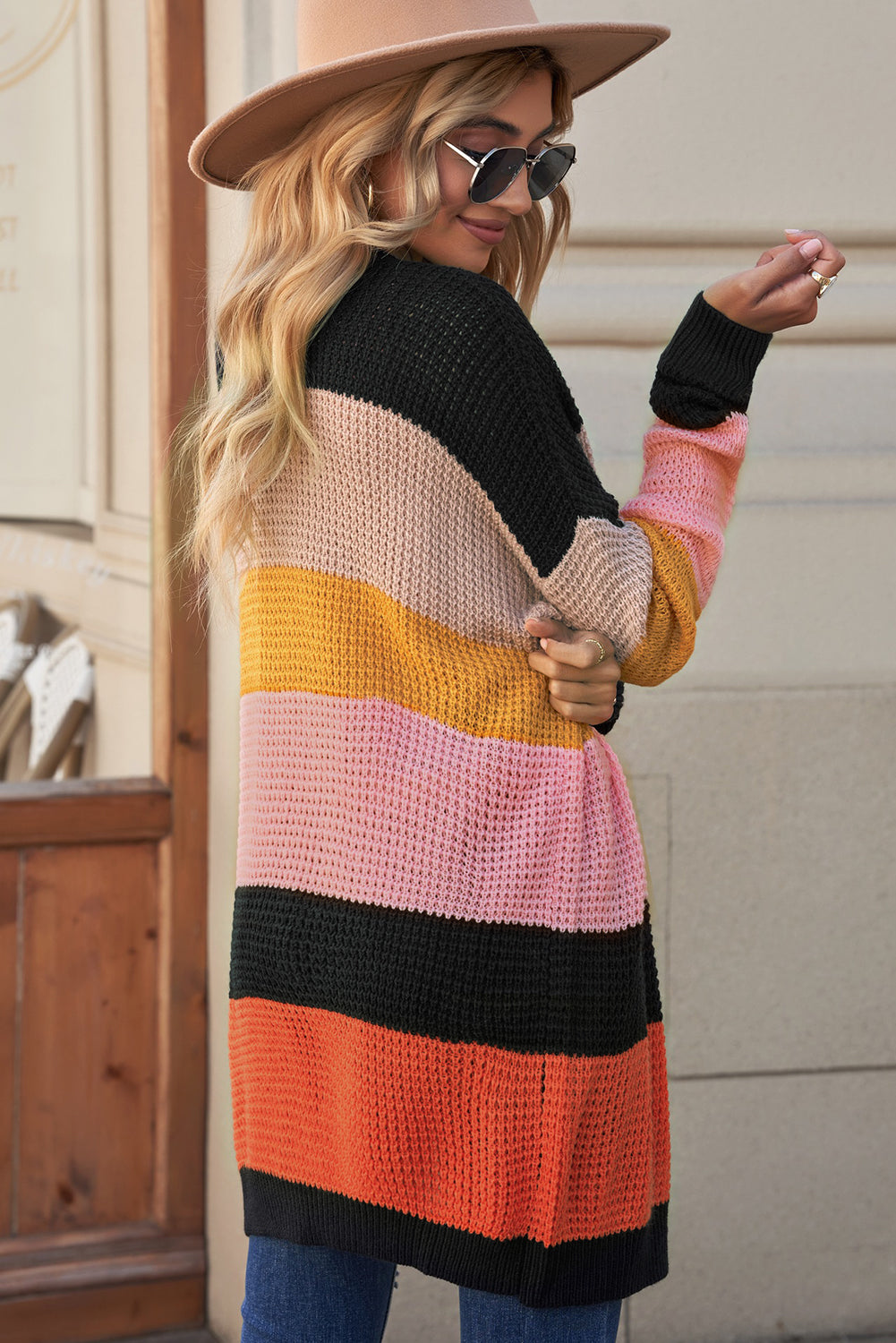 Striped Waffle Knit Open Front Cardigan Print on any thing USA/STOD clothes