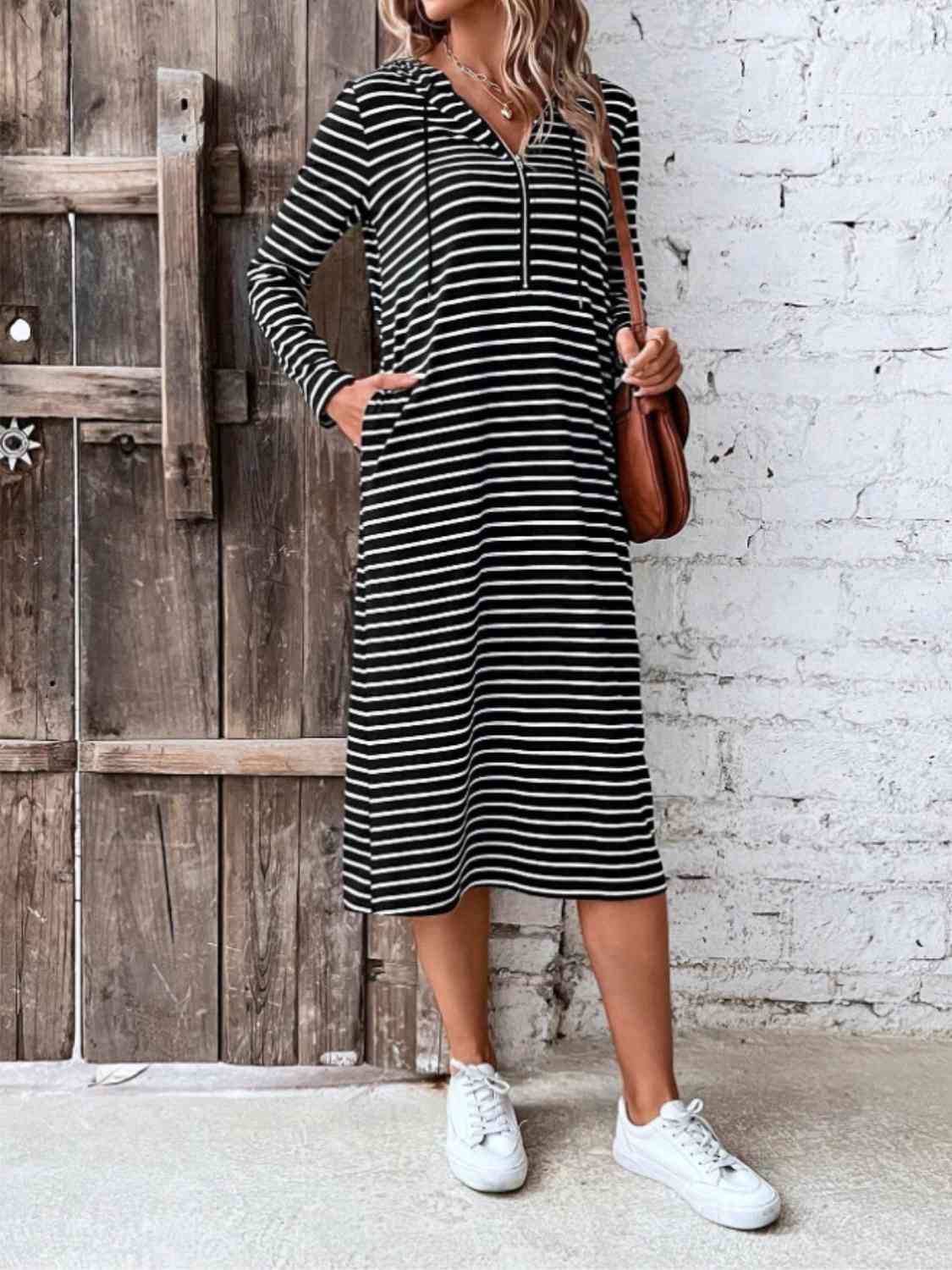 Striped Zip Front Hooded Dress Print on any thing USA/STOD clothes