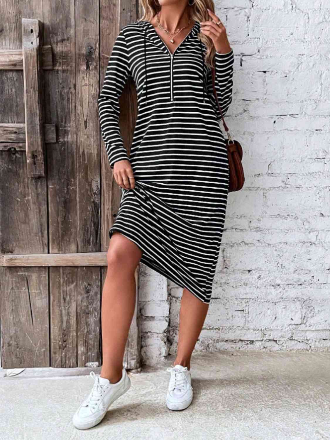 Striped Zip Front Hooded Dress Print on any thing USA/STOD clothes