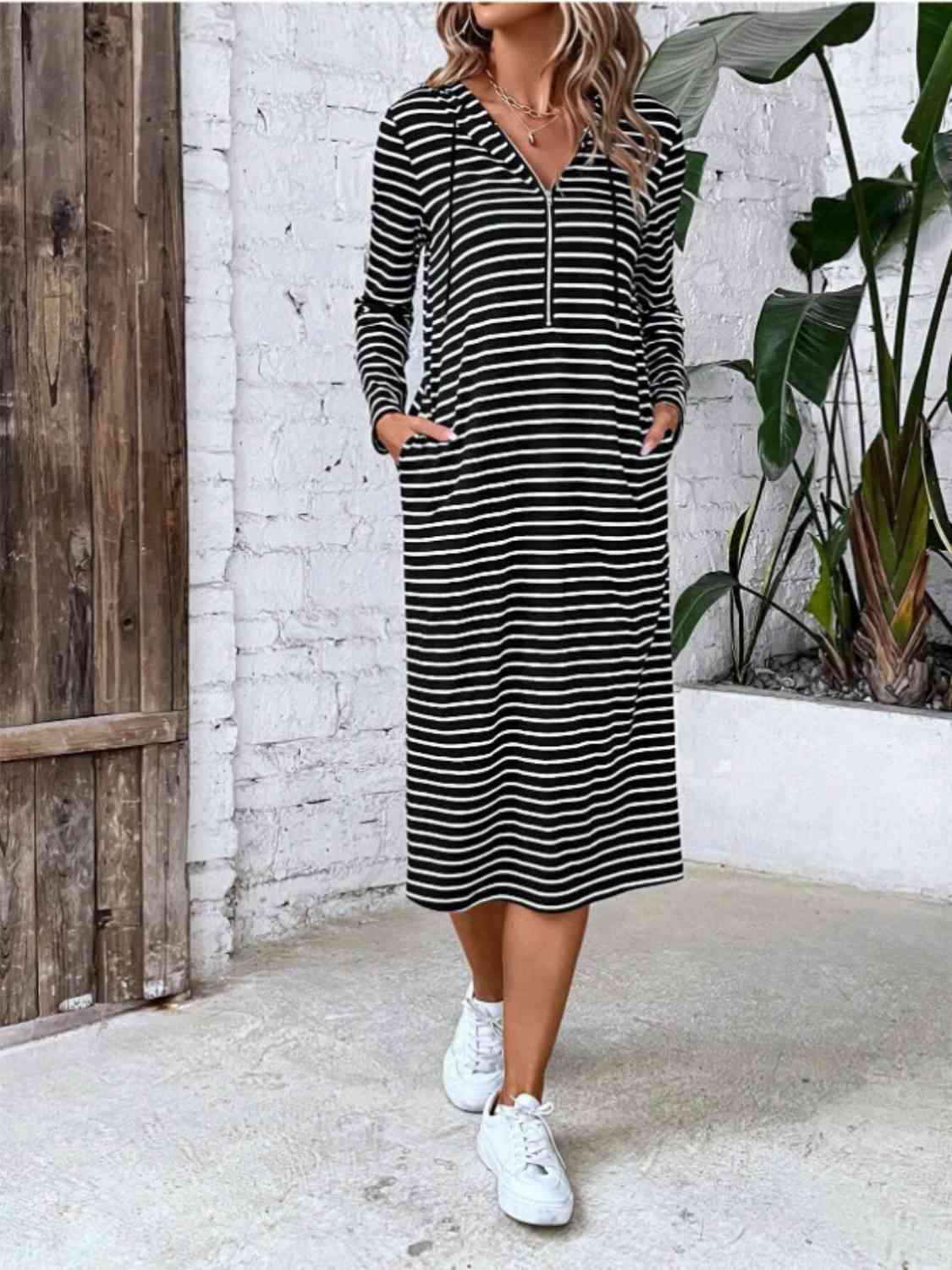 Striped Zip Front Hooded Dress Print on any thing USA/STOD clothes