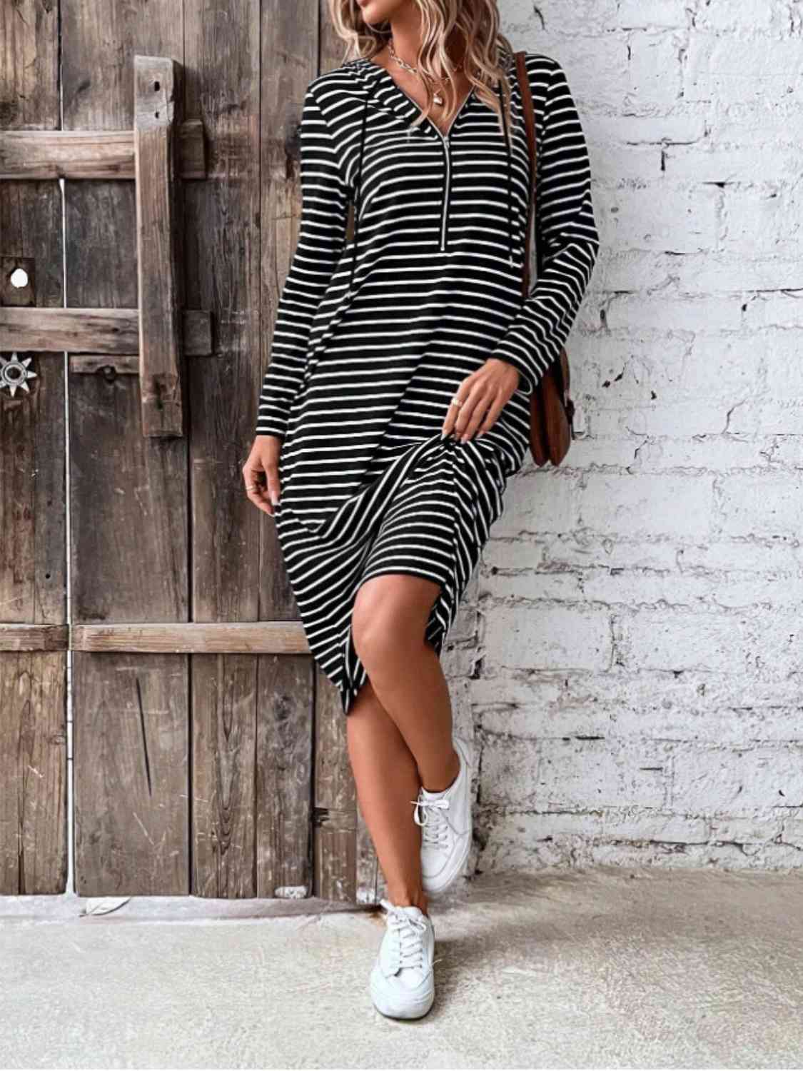 Striped Zip Front Hooded Dress Print on any thing USA/STOD clothes