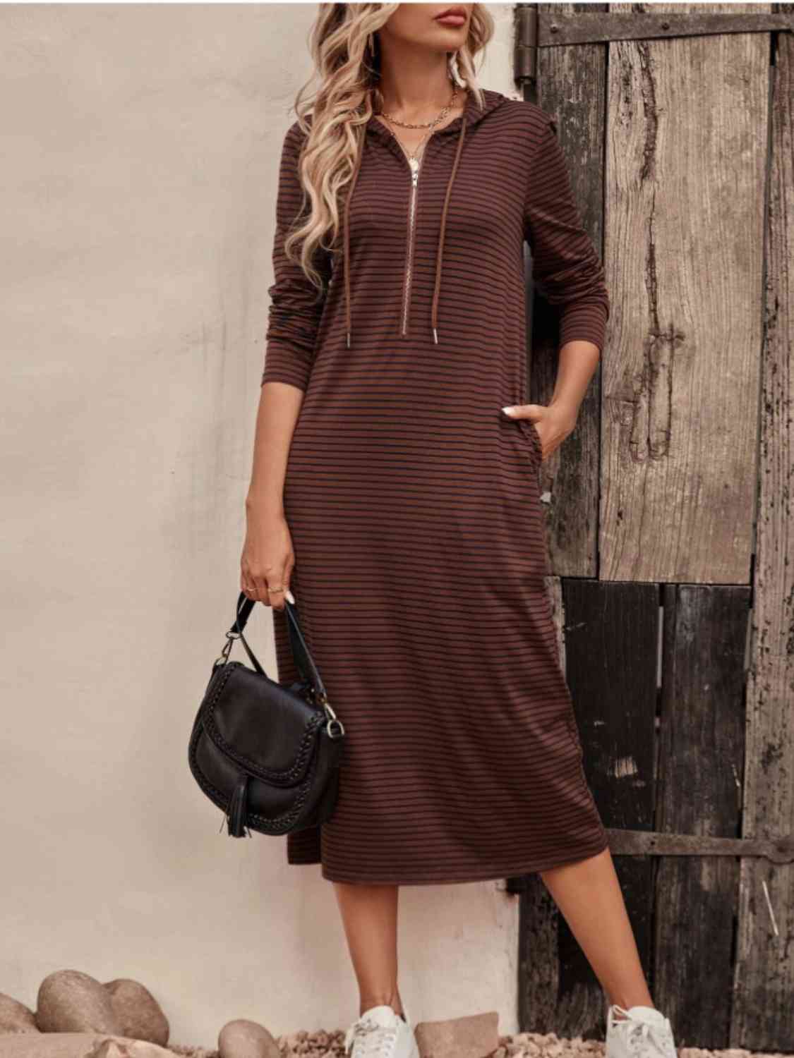 Striped Zip Front Hooded Dress Print on any thing USA/STOD clothes