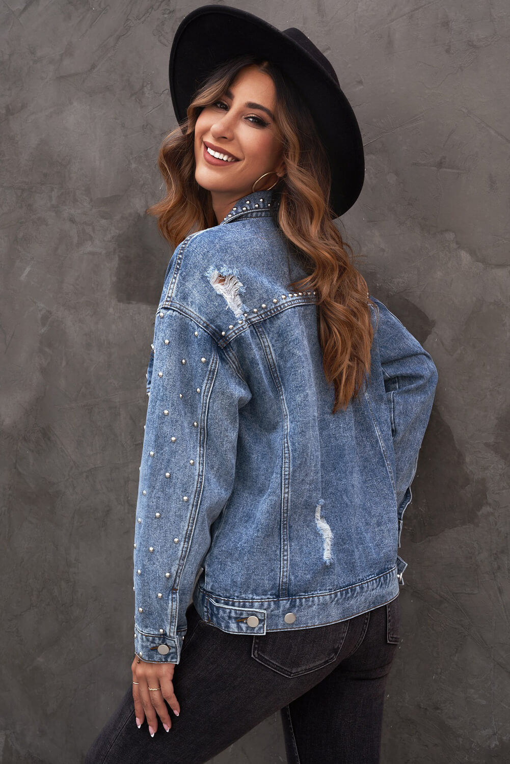 Studded Button Down Denim Jacket Print on any thing USA/STOD clothes