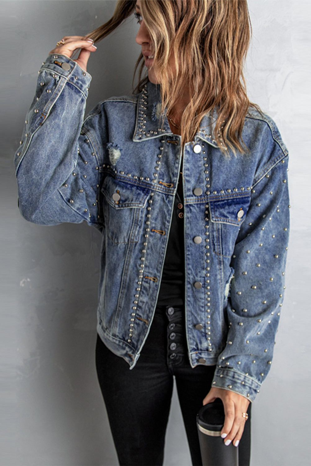 Studded Button Down Denim Jacket Print on any thing USA/STOD clothes