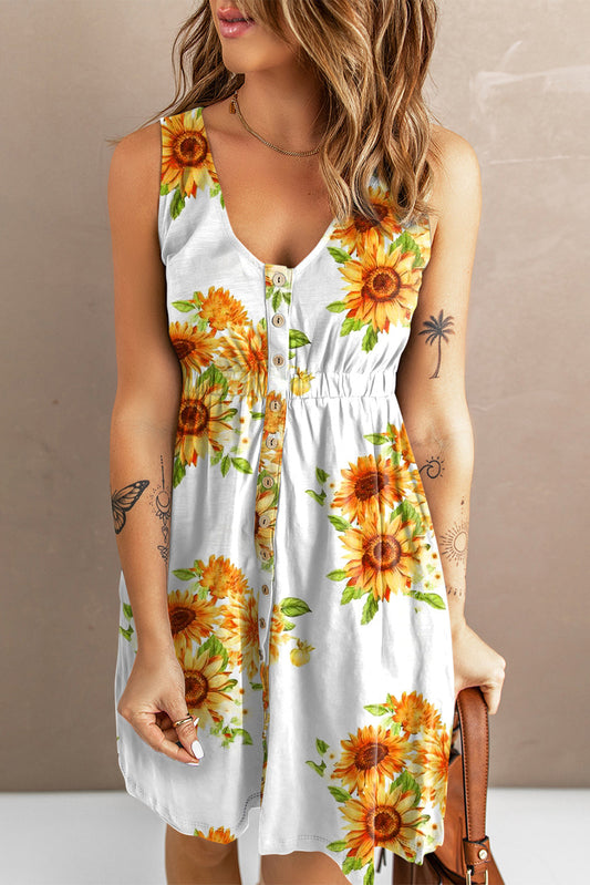 Sunflower Print Button Down Sleeveless Dress Print on any thing USA/STOD clothes