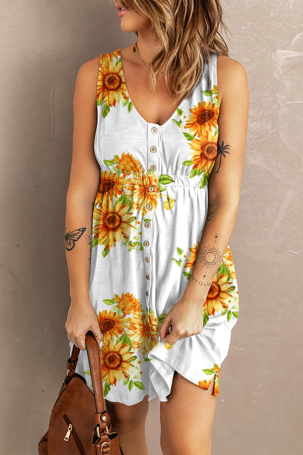 Sunflower Print Button Down Sleeveless Dress Print on any thing USA/STOD clothes
