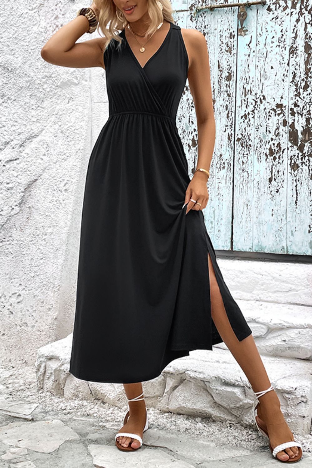 Surplice Neck Slit Sleeveless Dress Print on any thing USA/STOD clothes