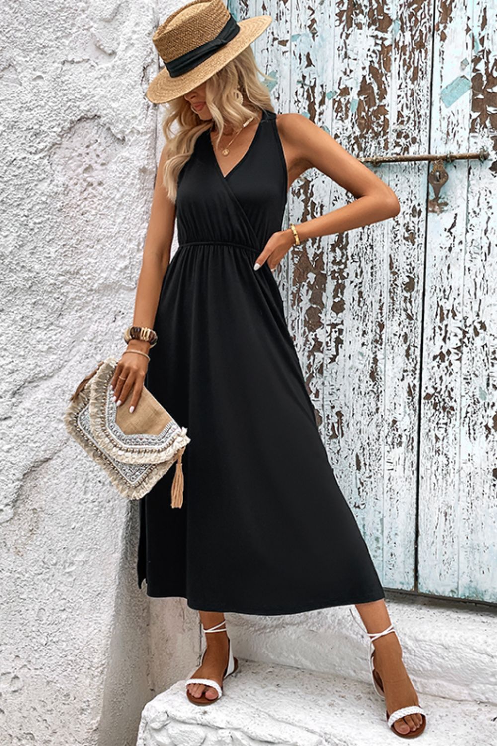 Surplice Neck Slit Sleeveless Dress Print on any thing USA/STOD clothes