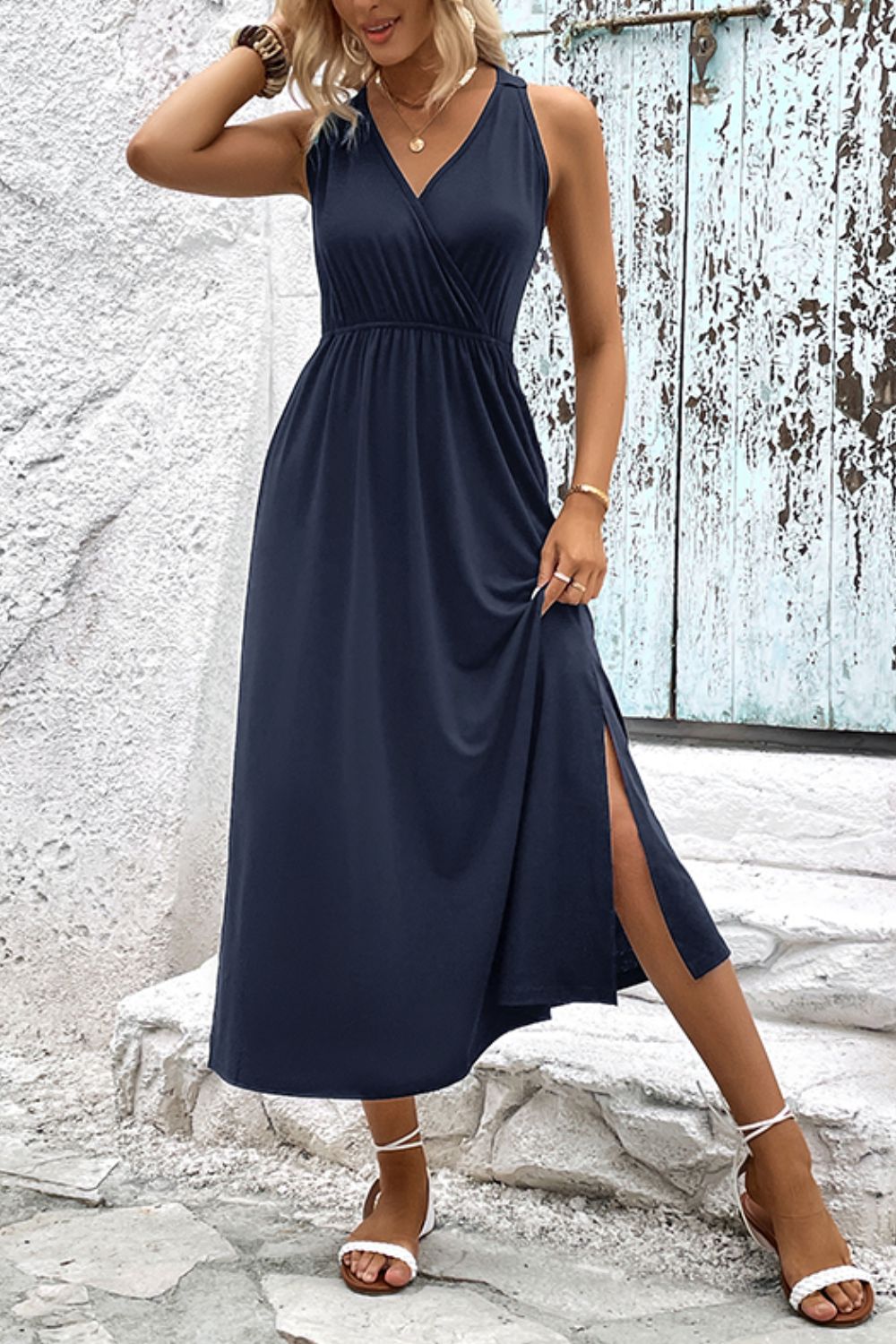 Surplice Neck Slit Sleeveless Dress Print on any thing USA/STOD clothes