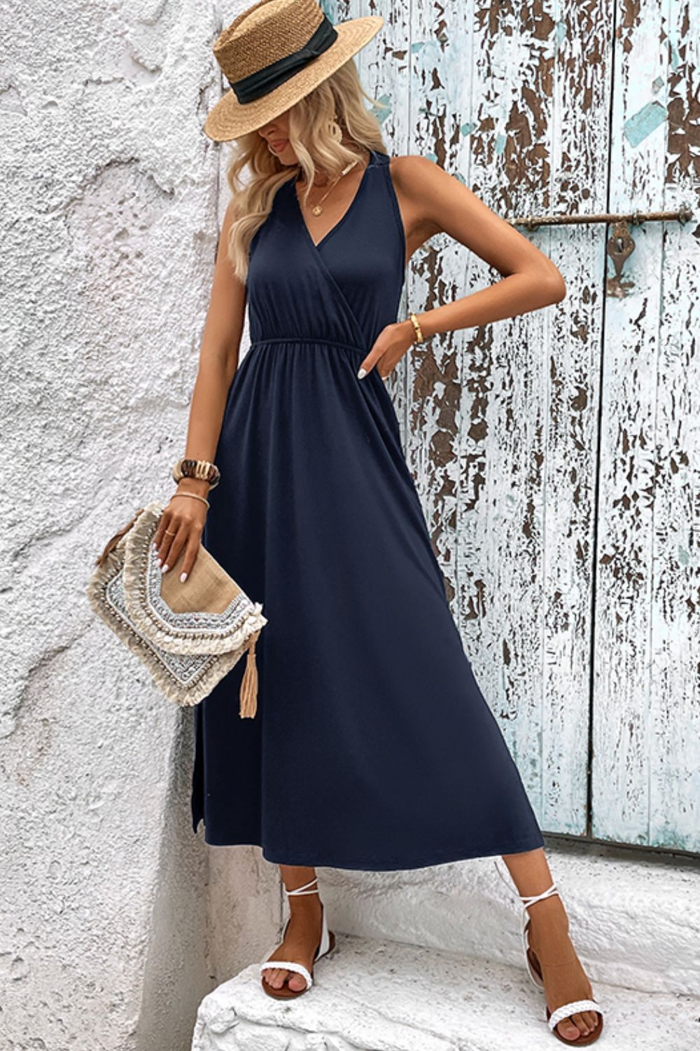 Surplice Neck Slit Sleeveless Dress Print on any thing USA/STOD clothes