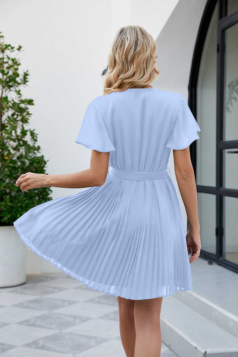 Surplice Neck Tie Waist Flutter Sleeve Pleated Dress Print on any thing USA/STOD clothes