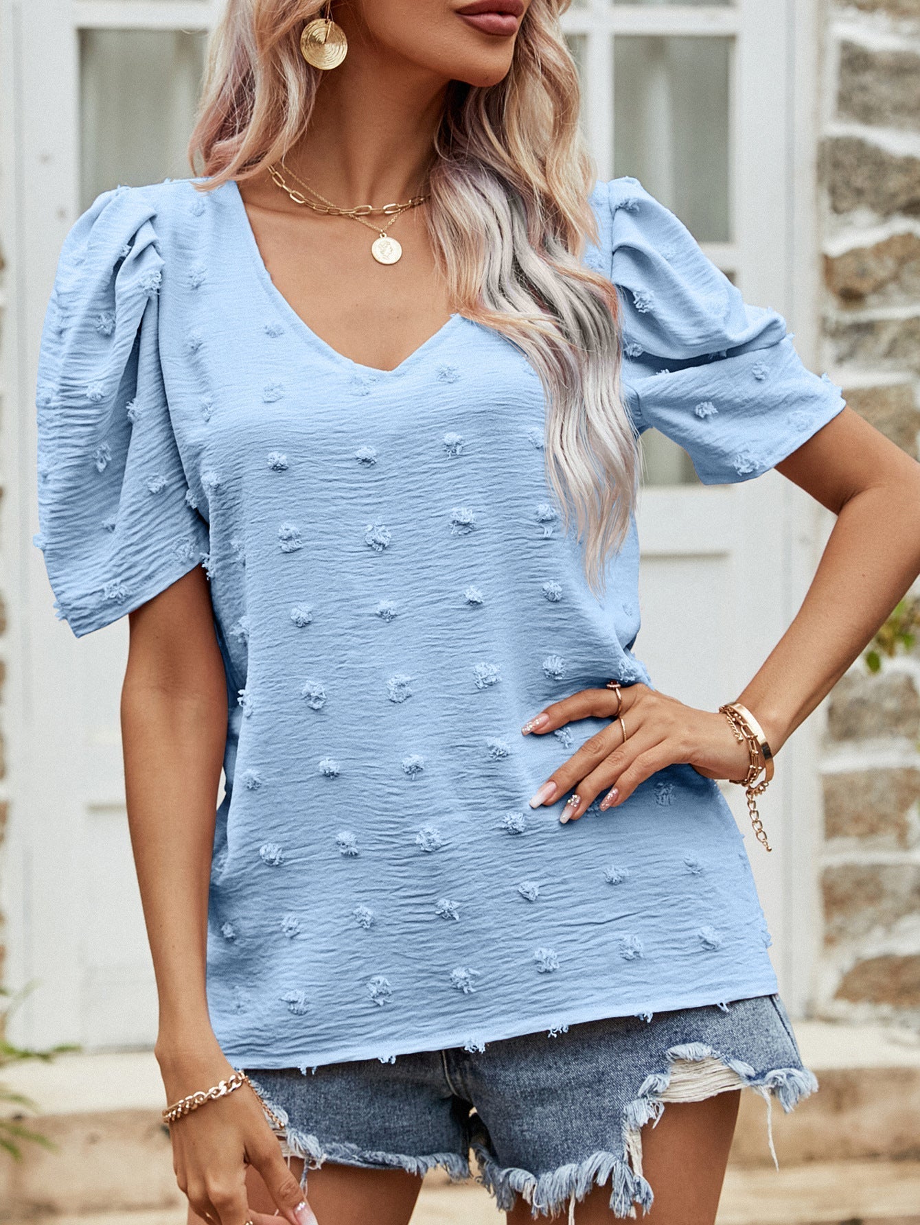 Swiss Dot Short Puff Sleeve Top Print on any thing USA/STOD clothes