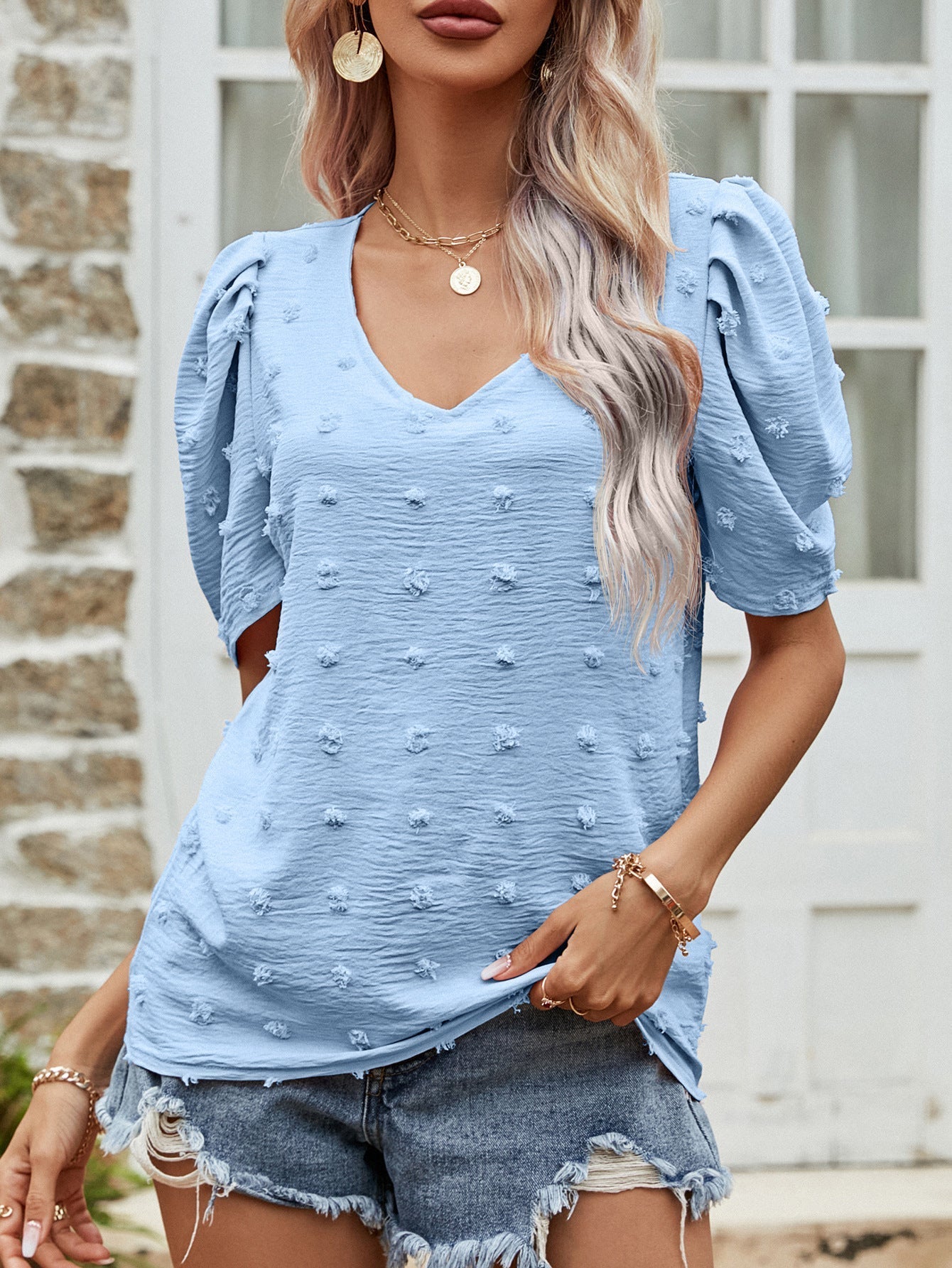 Swiss Dot Short Puff Sleeve Top Print on any thing USA/STOD clothes