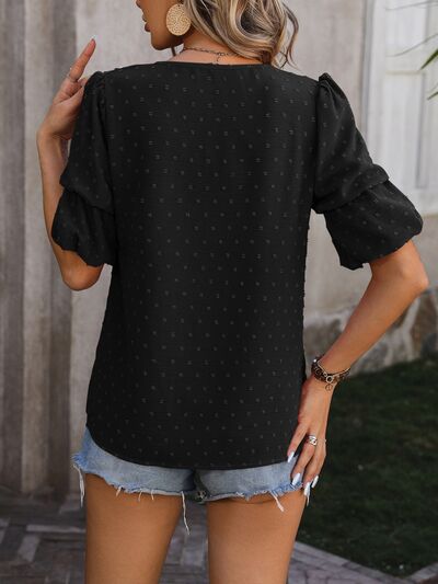 Swiss Dot V-Neck Short Sleeve Blouse Print on any thing USA/STOD clothes