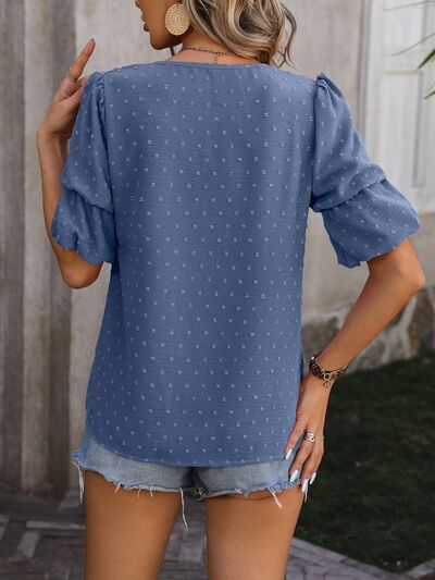 Swiss Dot V-Neck Short Sleeve Blouse Print on any thing USA/STOD clothes