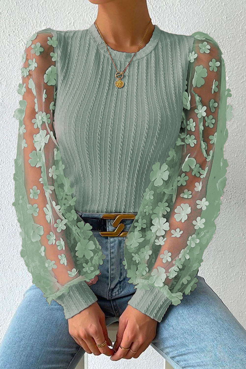 Textured Applique Long Sleeve Blouse Print on any thing USA/STOD clothes