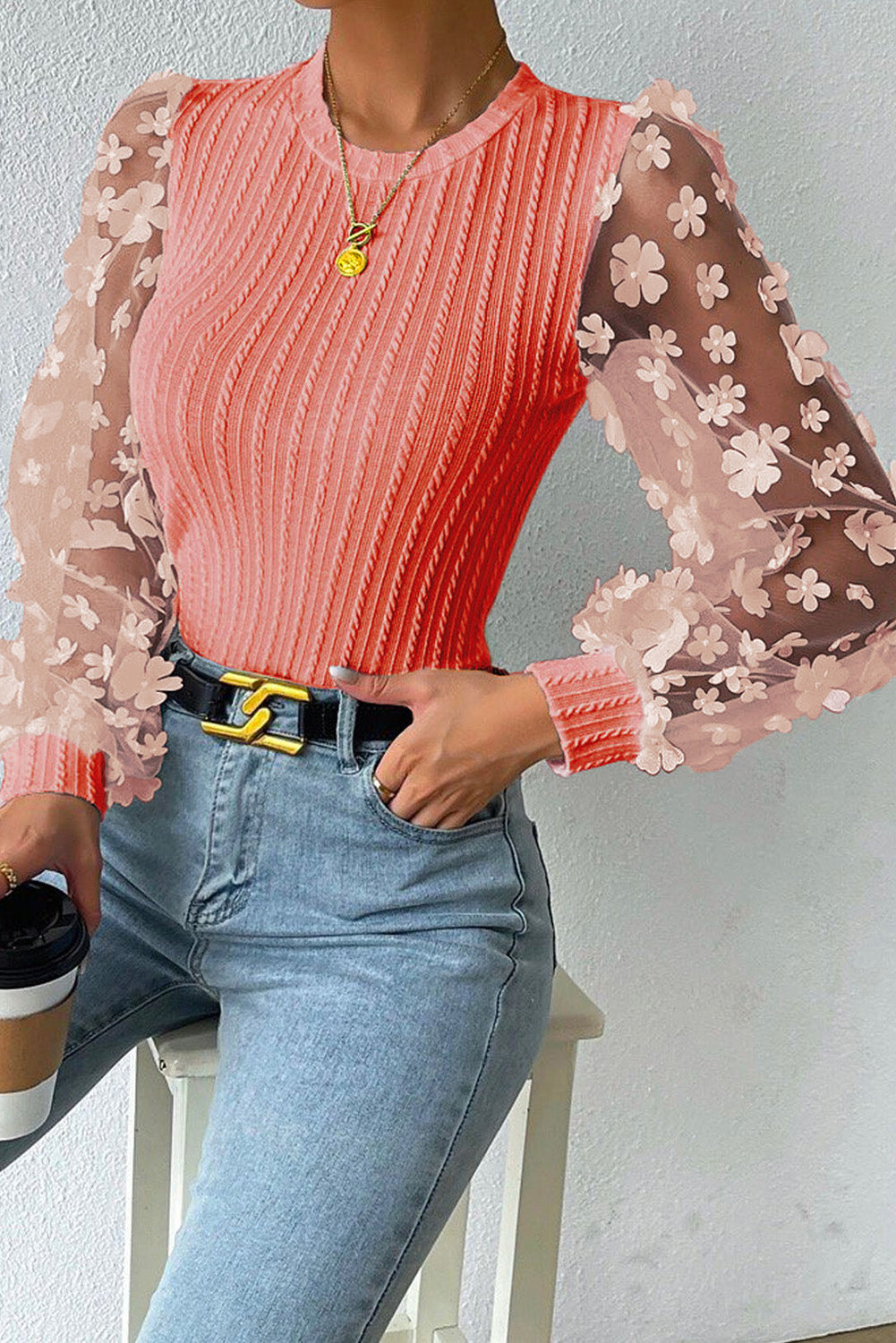 Textured Applique Long Sleeve Blouse Print on any thing USA/STOD clothes