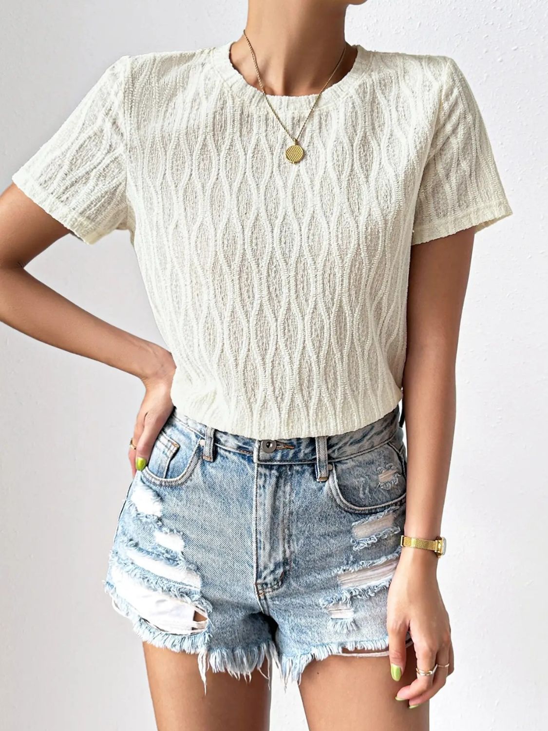 Textured Round Neck Crop Top Print on any thing USA/STOD clothes