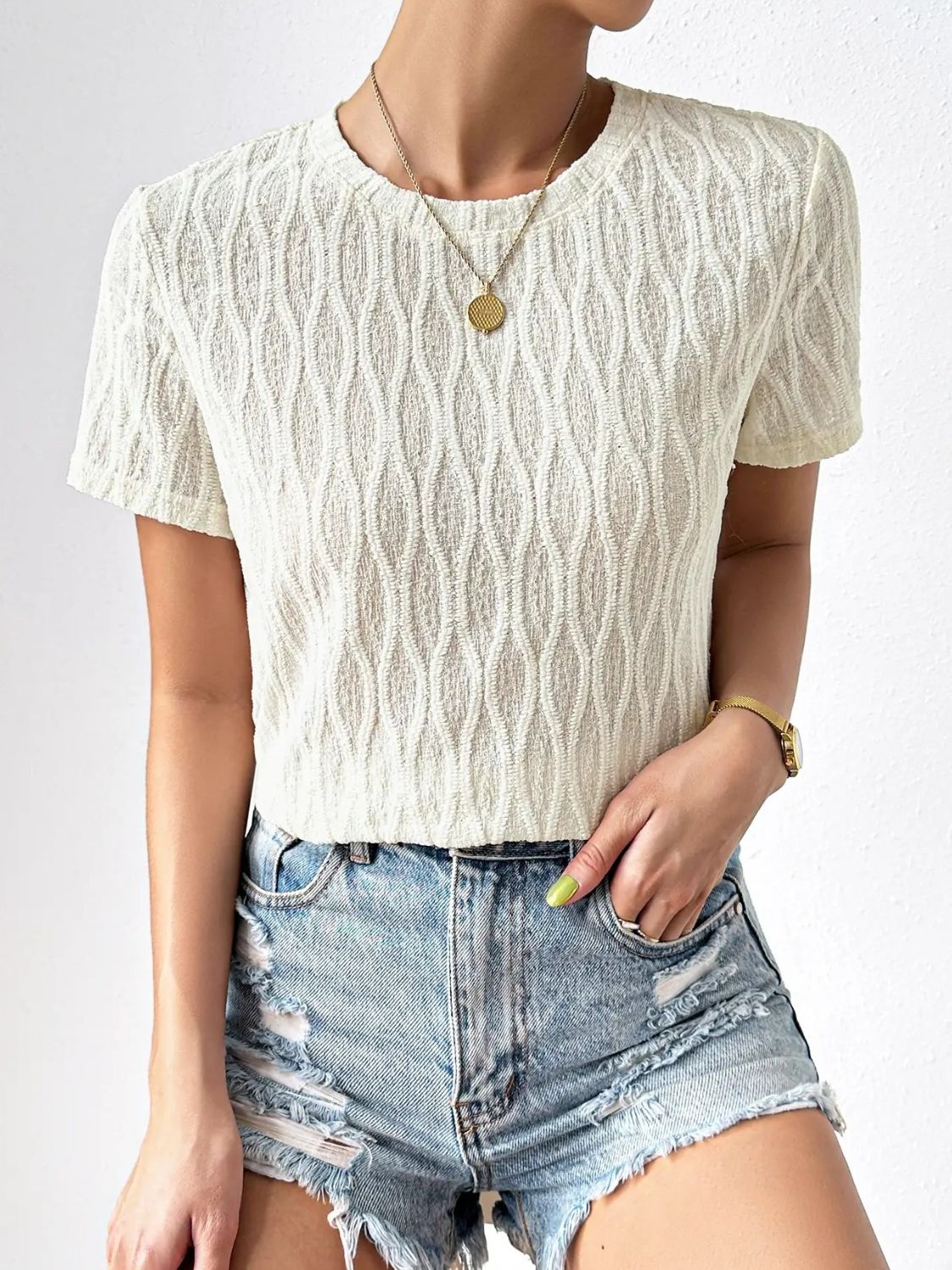 Textured Round Neck Crop Top Print on any thing USA/STOD clothes