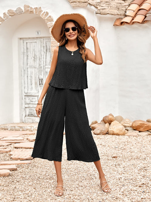 Textured Round Neck Sleeveless Wide Leg Jumpsuit Print on any thing USA/STOD clothes