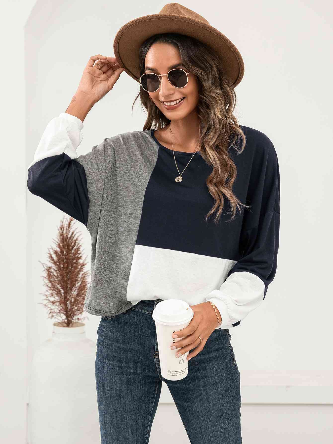 Three-Tone Color Block Dropped Shoulder Long Sleeve Tee Print on any thing USA/STOD clothes