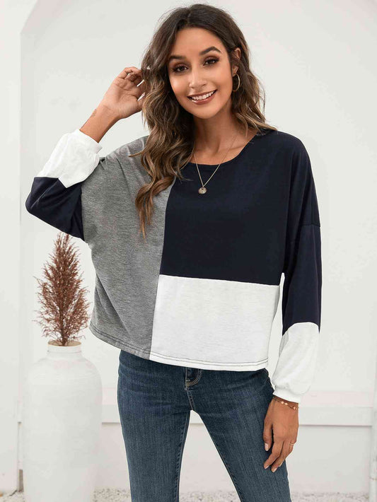Three-Tone Color Block Dropped Shoulder Long Sleeve Tee Print on any thing USA/STOD clothes
