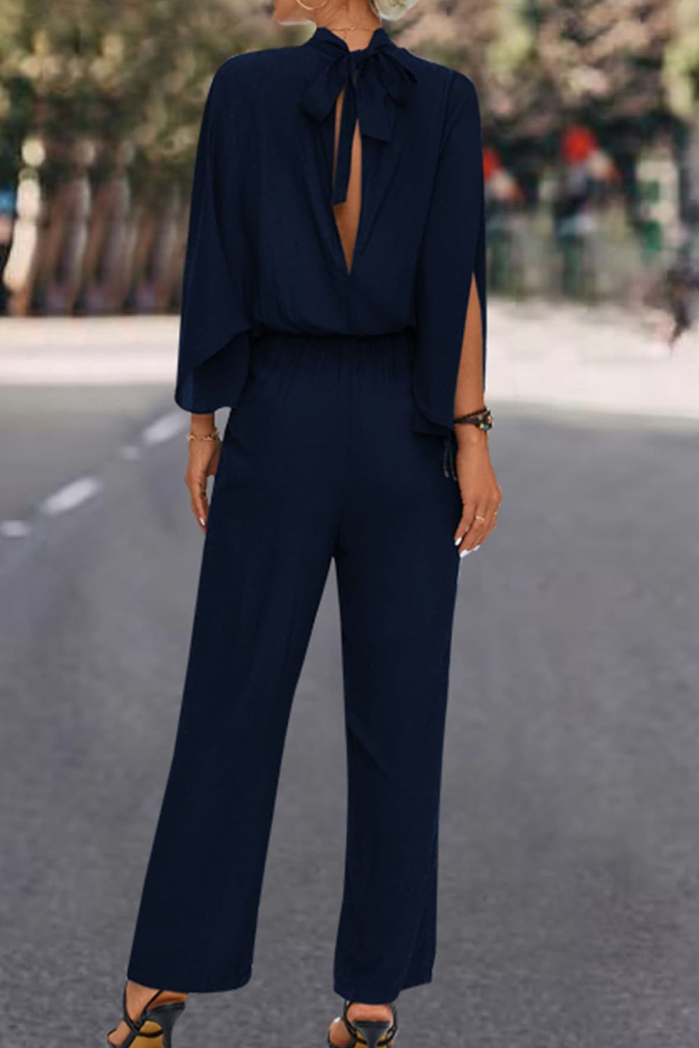 Tie Back Mock Neck Split Sleeve Jumpsuit Print on any thing USA/STOD clothes