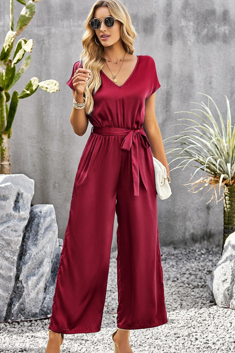 Tie Belt V-Neck Short Sleeve Jumpsuit Print on any thing USA/STOD clothes