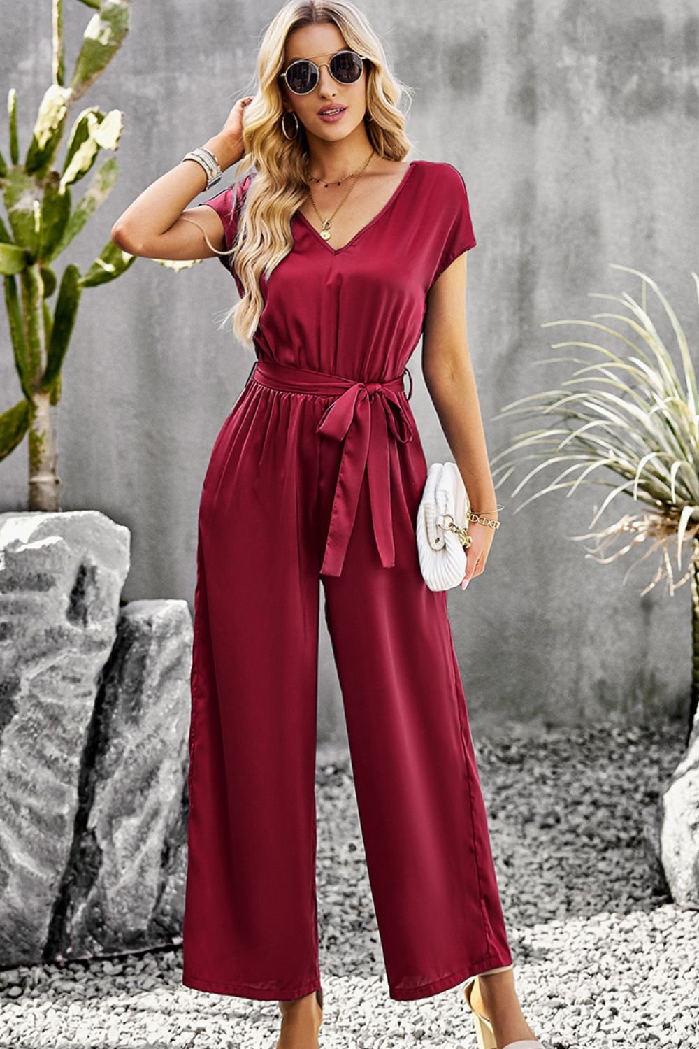 Tie Belt V-Neck Short Sleeve Jumpsuit Print on any thing USA/STOD clothes