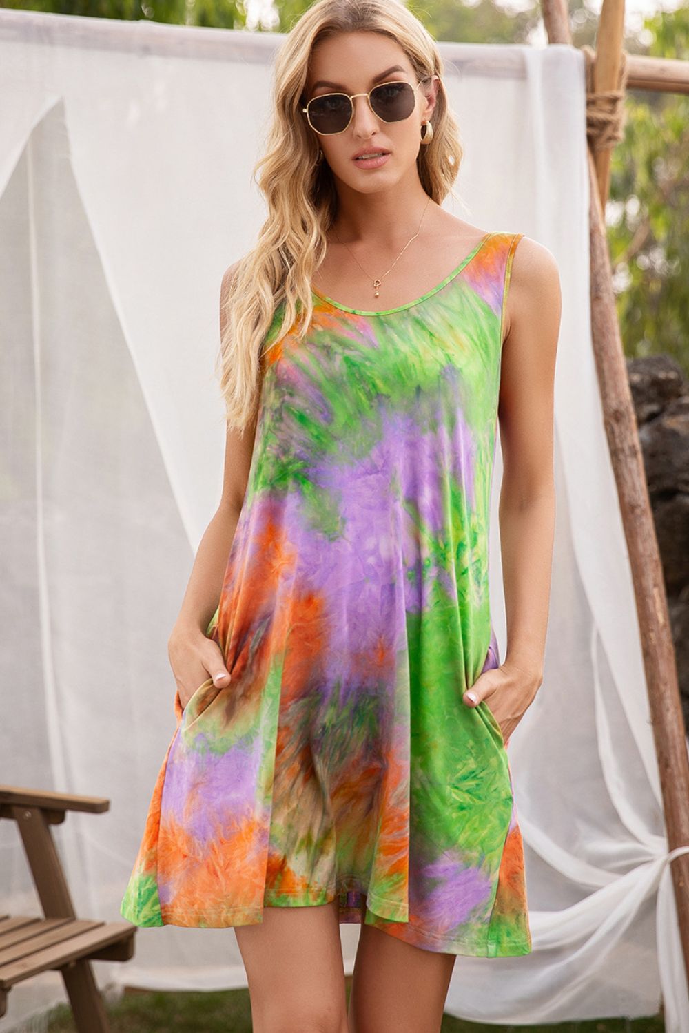 Tie-Dye Sleeveless Dress with Pockets Print on any thing USA/STOD clothes