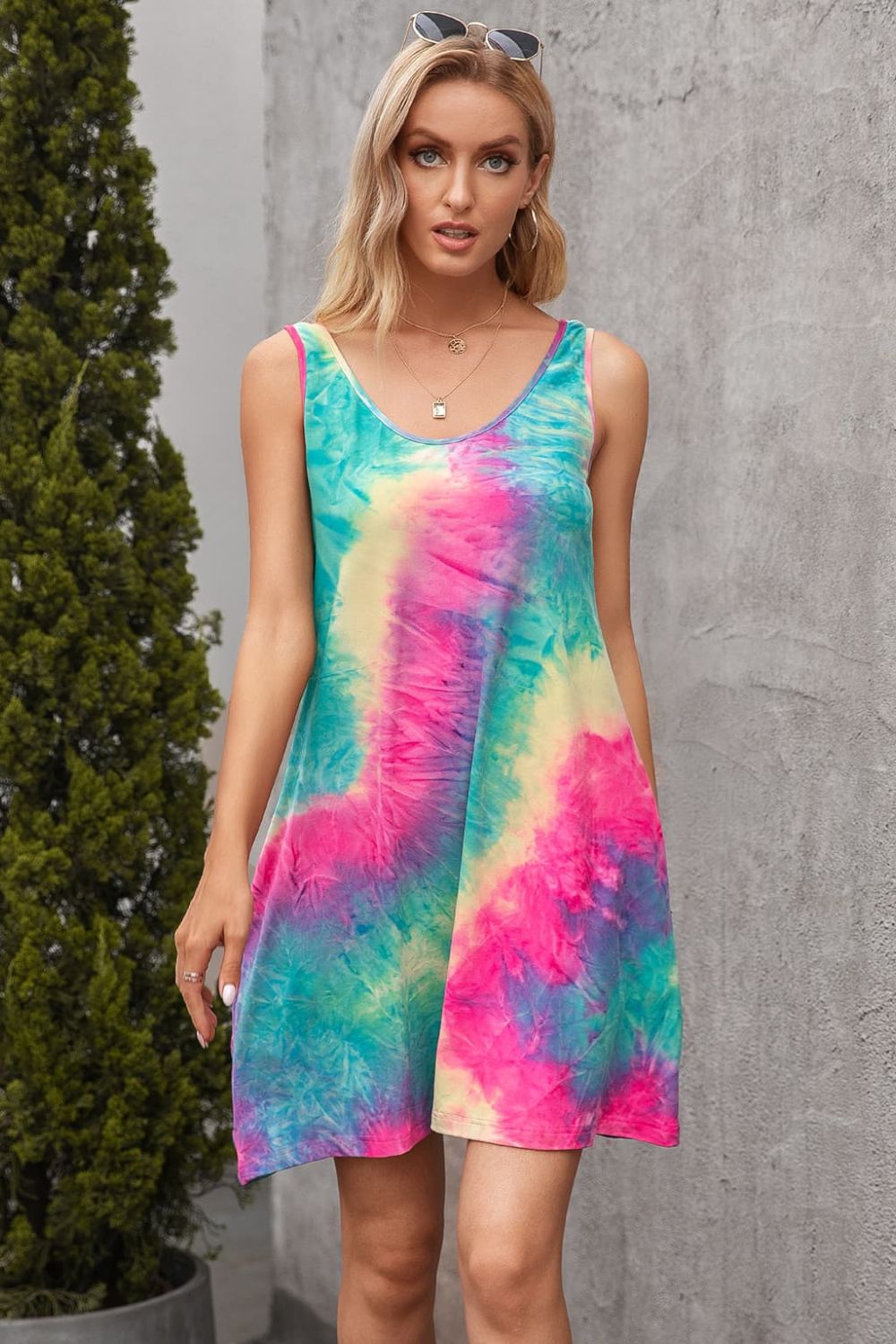 Tie-Dye Sleeveless Dress with Pockets Print on any thing USA/STOD clothes