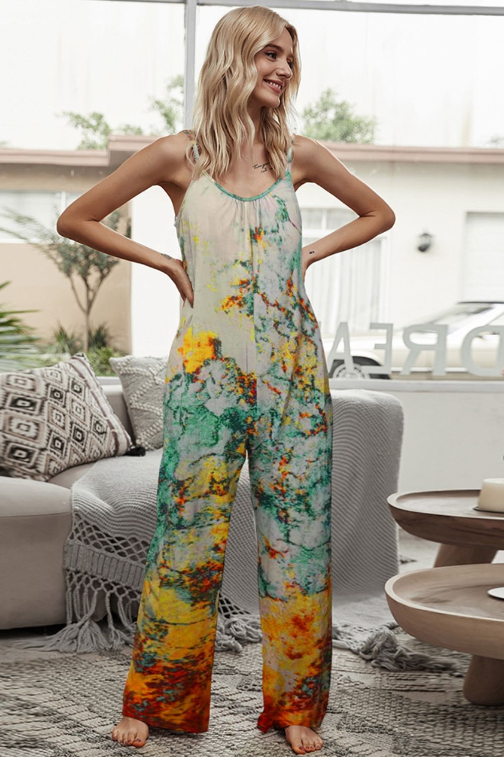 Tie-Dye Spaghetti Strap Jumpsuit with Pockets Print on any thing USA/STOD clothes