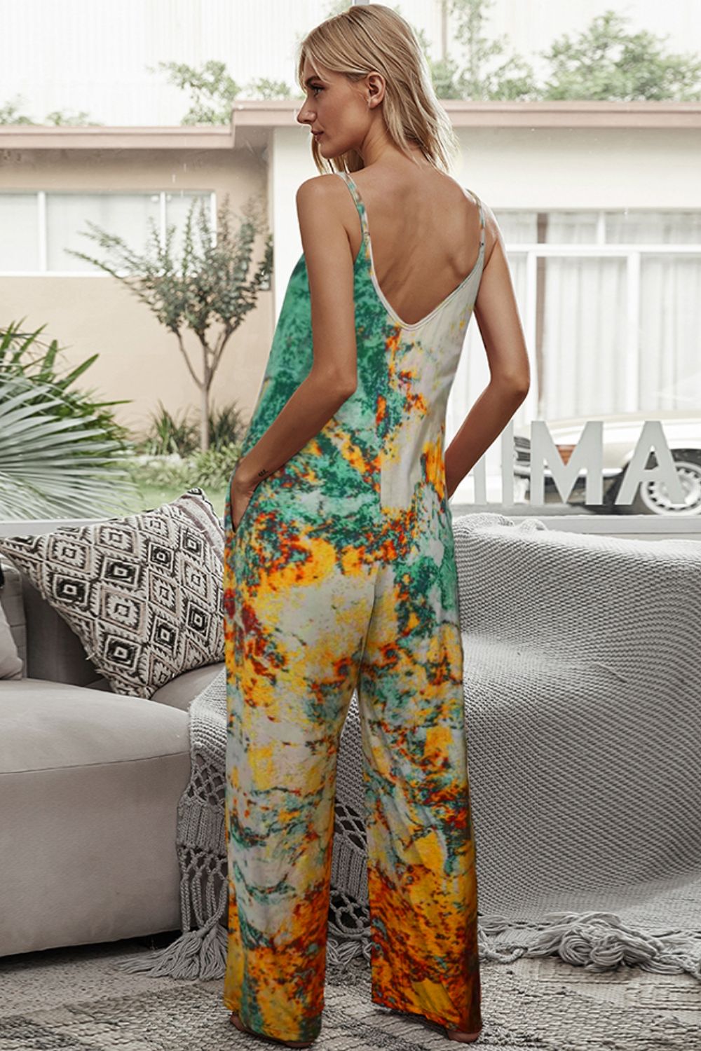 Tie-Dye Spaghetti Strap Jumpsuit with Pockets Print on any thing USA/STOD clothes