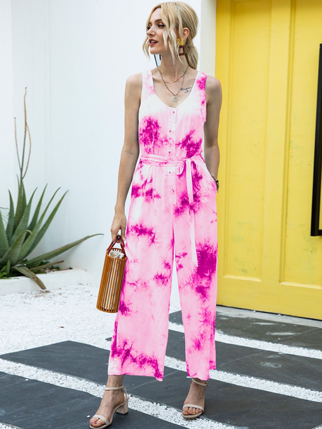 Tie-Dye Tie Waist Sleeveless Jumpsuit Print on any thing USA/STOD clothes