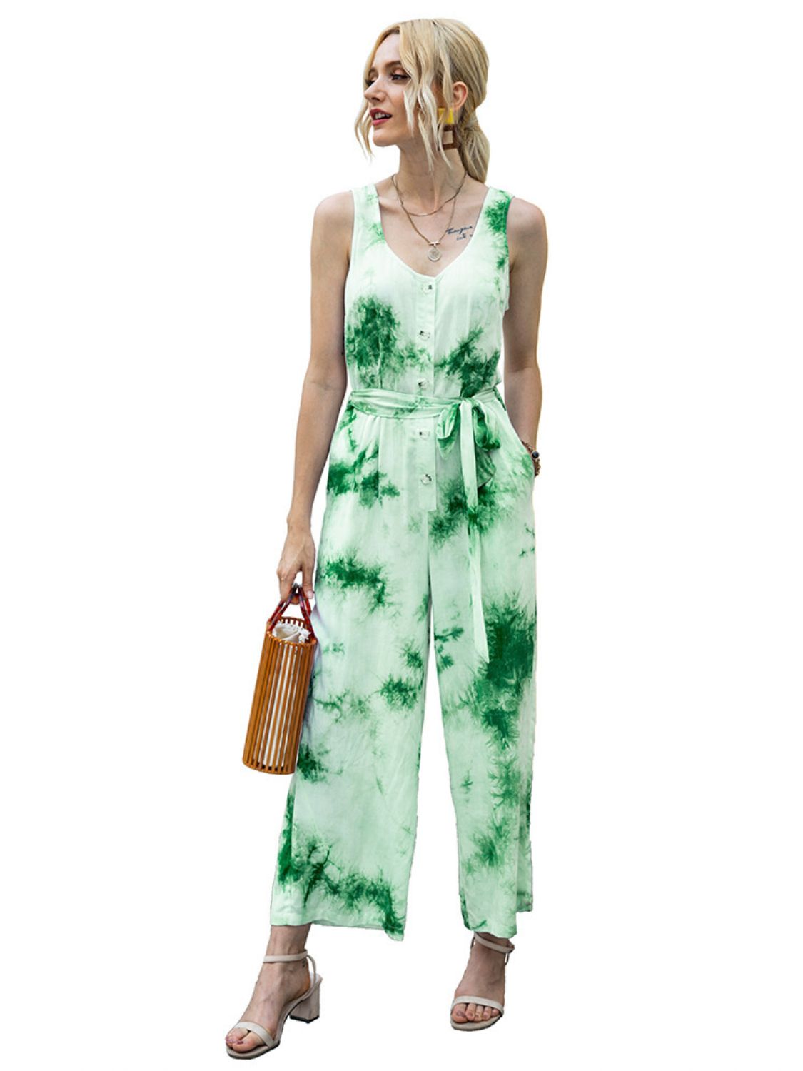 Tie-Dye Tie Waist Sleeveless Jumpsuit Print on any thing USA/STOD clothes