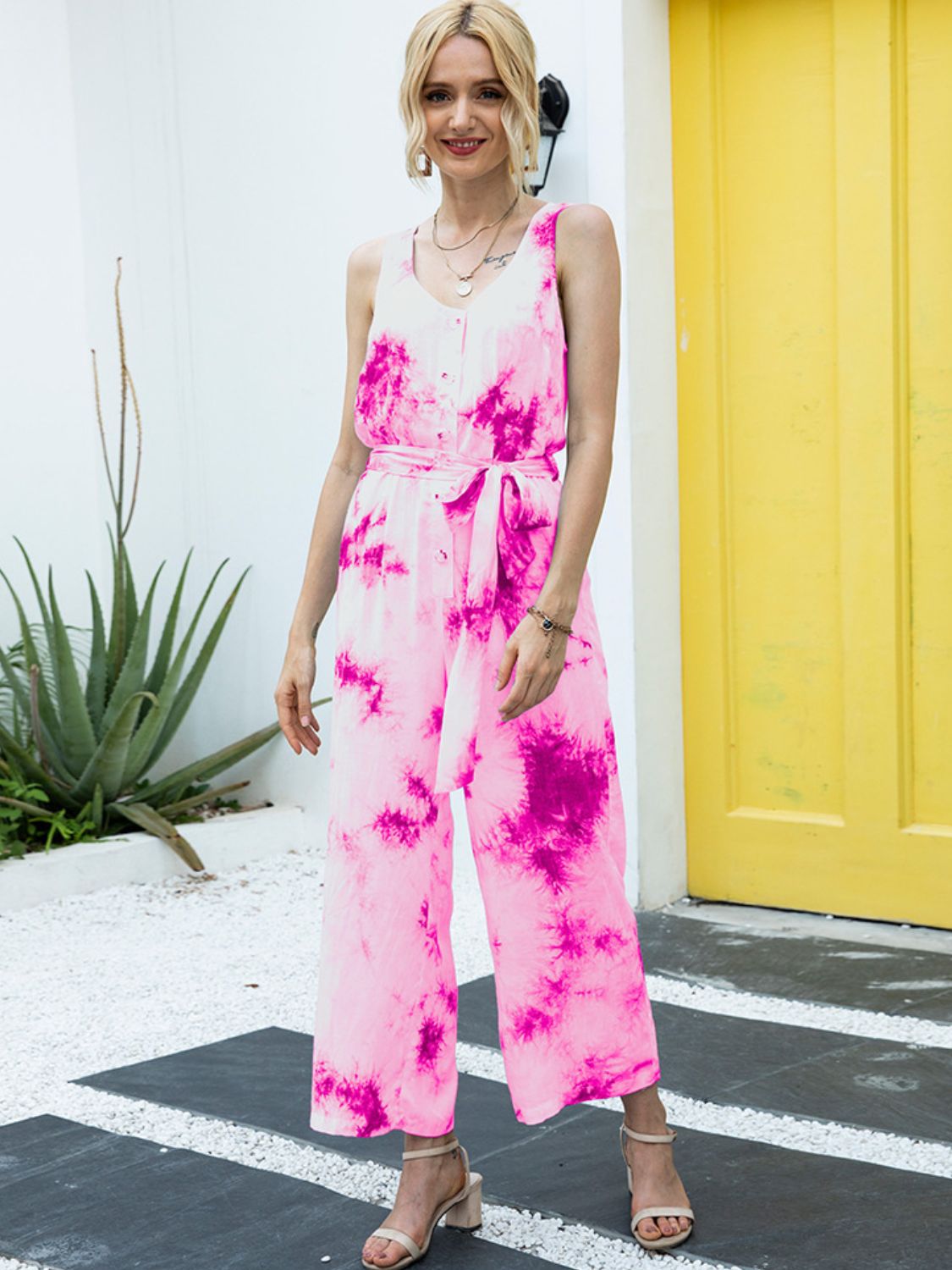 Tie-Dye Tie Waist Sleeveless Jumpsuit Print on any thing USA/STOD clothes