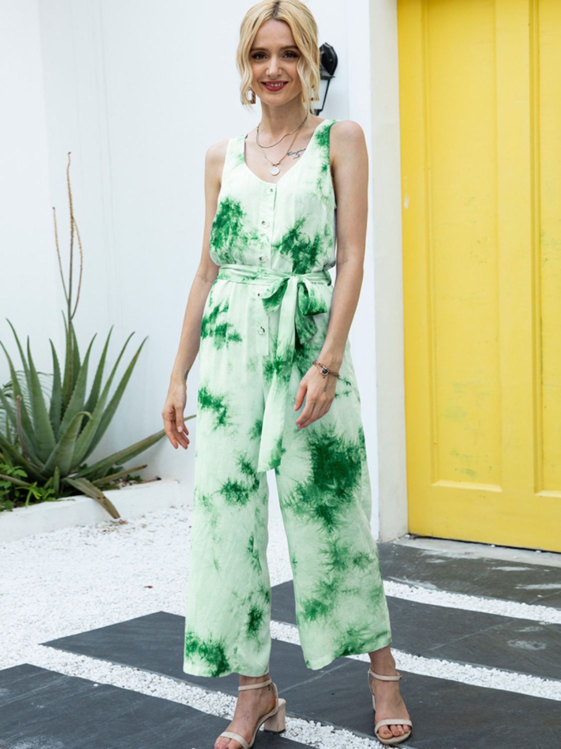 Tie-Dye Tie Waist Sleeveless Jumpsuit Print on any thing USA/STOD clothes